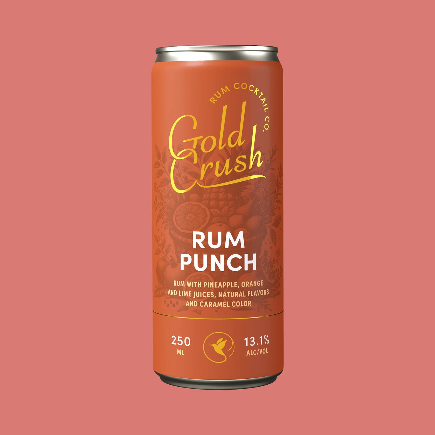 Gold Crush Rum Punch can on a pink background